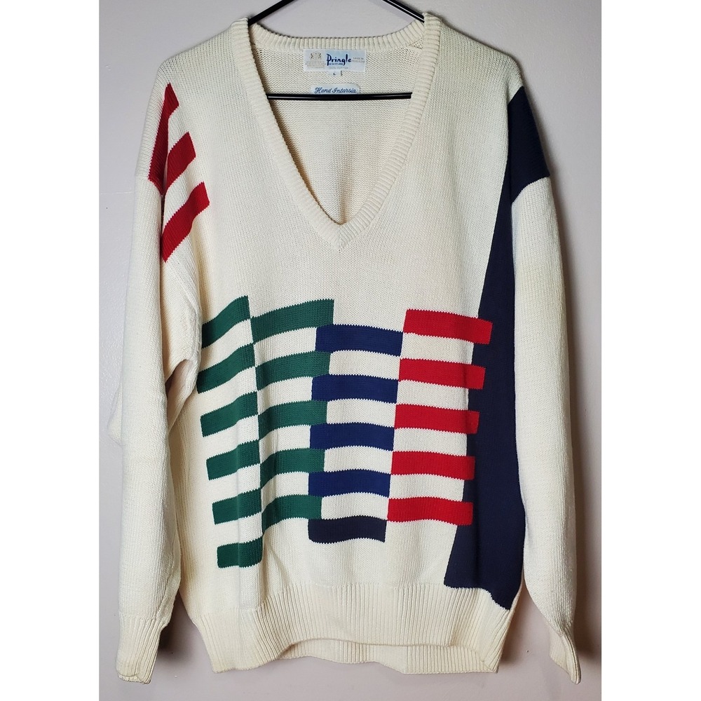 FLAWS Vintage Pringle Of Scotland Men's Large Cotton‎ Sweater Old Money V Neck